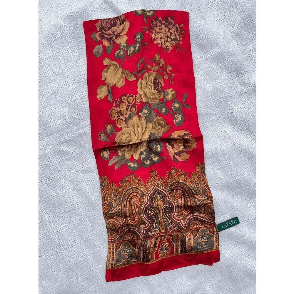 Lauren Ralph Lauren Silk Paisley Floral Scarf Red Equestrian Old Money